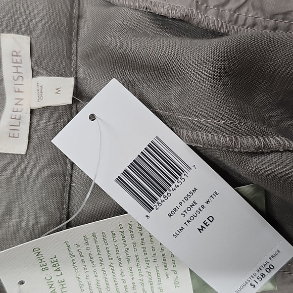 Eileen Fisher Linen Stone Color Slim Trousers with Tie Waist Sz Medium - Picture 5 of 10